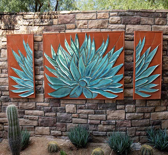 Agave Triptych 12" Mounted On Curved Stone Wall
