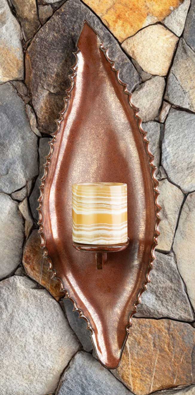 Copper Agave Leaf Sconce 17" w Onyx Votive